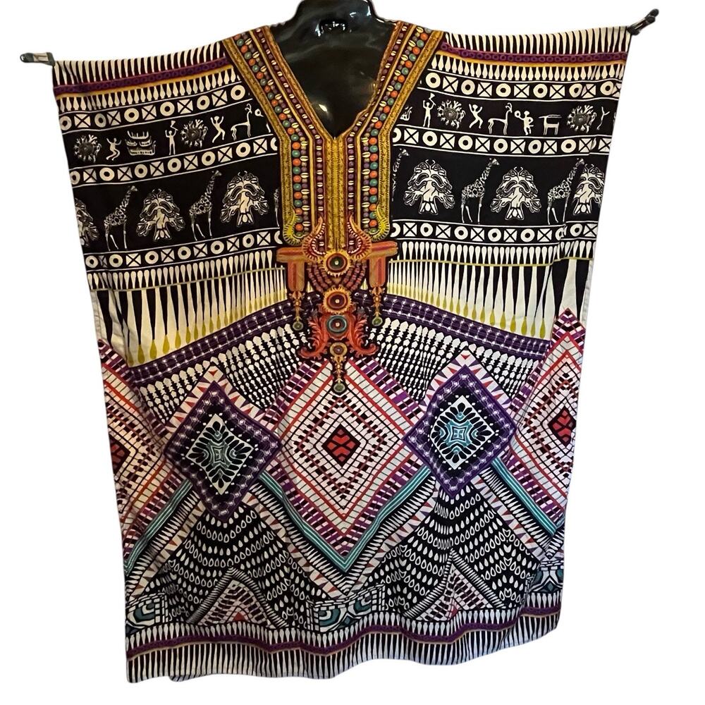 Vintage Winlar Satin Caftan Muumuu Dress OS Tribal Giraffe African Print Art